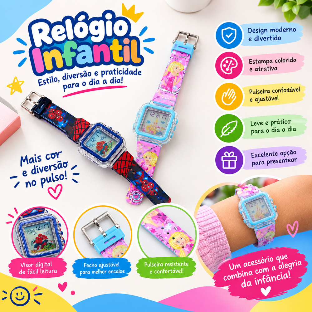 Relógio Infantil Digital Multifuncional Colorido para Meninos e Meninas