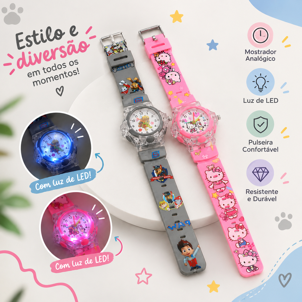 Relógio Infantil para Meninos e Meninas Ponteiro com Luz LED