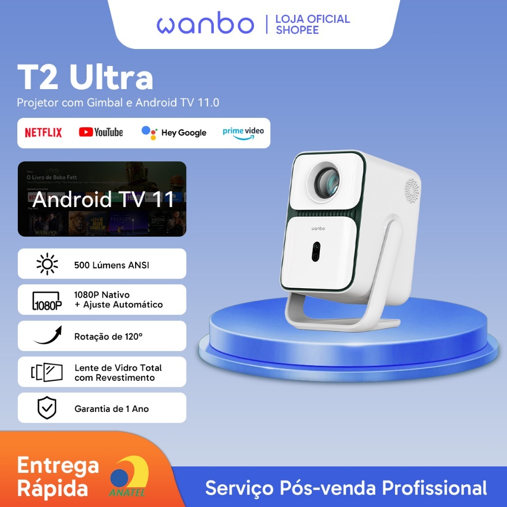 Projetor Portatil Inteligente Wanbo T2 Ultra Netflix Oficial 1080P Android TV 11.0 Silencioso 30dB ASA3.0 180 Polegadas
