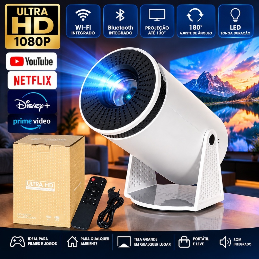 Projetor Portátil Mini Ultra HD 1080P Wi-Fi Bluetooth 180° com Controle Remoto para Filmes e Jogos