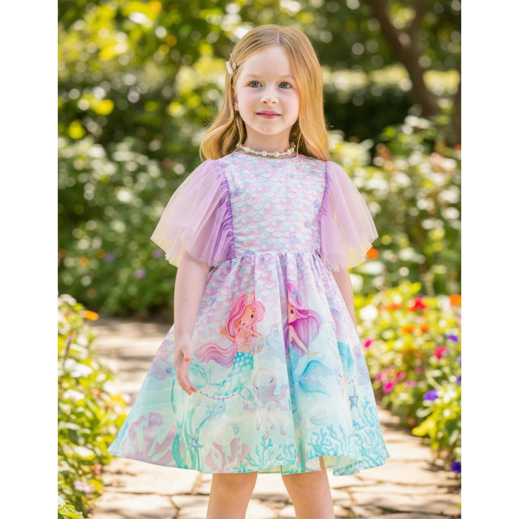 Vestido Infantil Menina Malagah Toddler Manga Tule Estampado
