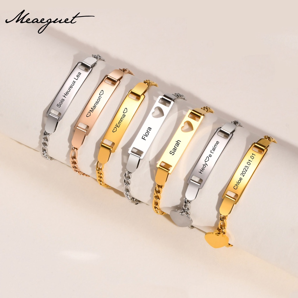 Meaeguet Pulseira Personalizada De Nome De Bebê , De Aço Inoxidável Identificação Carta Gravação Gratuita Para Meninas Toddler