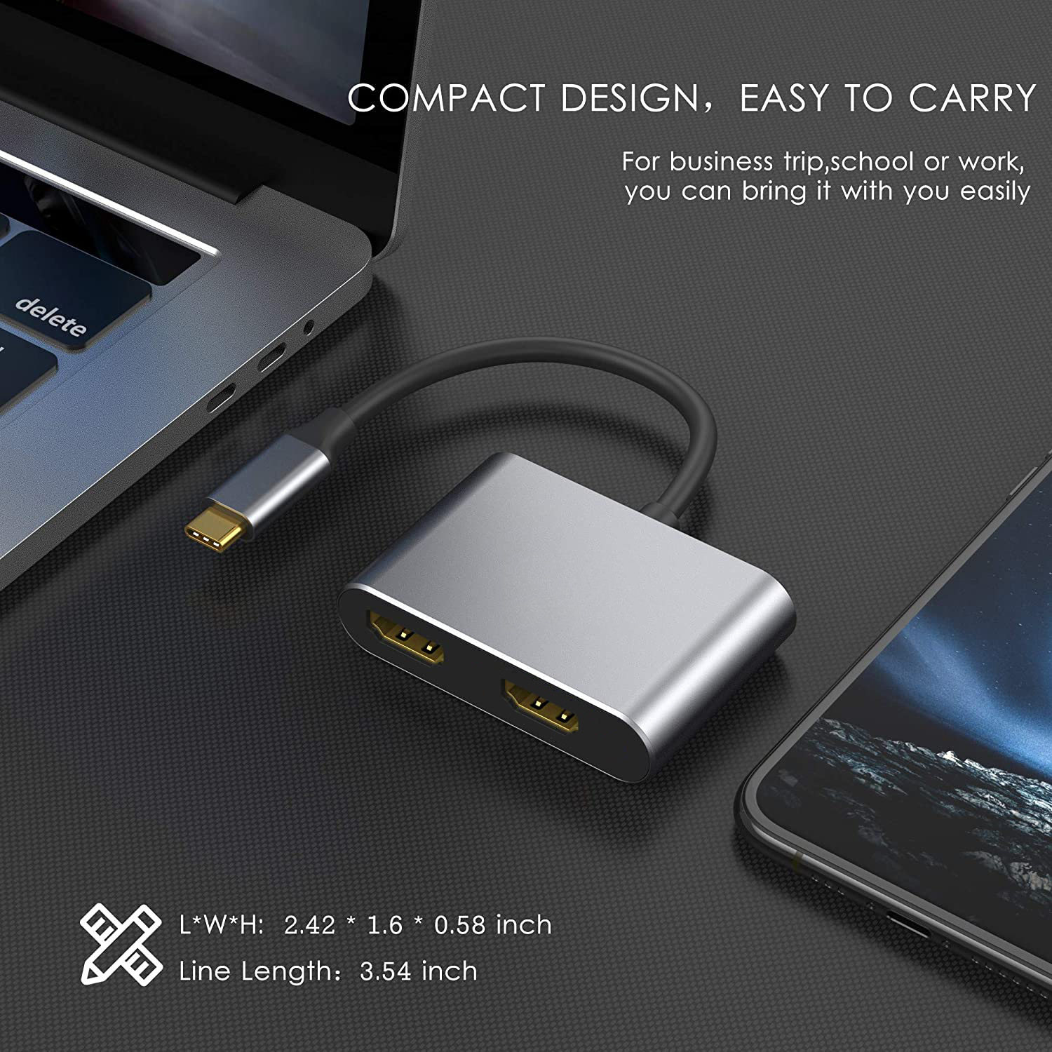Adaptador de Display Duplo USB-C 4K Saída Visual, Carcaça de Alumínio, Dongle Multiporta, Extensor de Monitor para