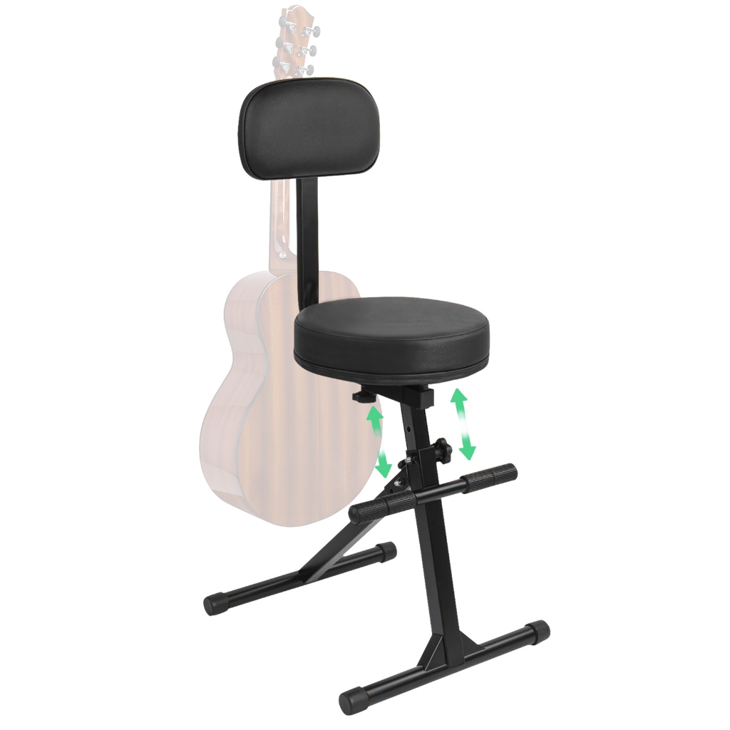 Foldable Black Guitar Stool Adjustable Drum Seat Musician Chair Padded Backrest Stool for Recording Performance Practice