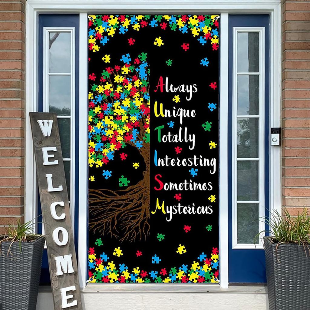 Autism Awareness Door Cover - 72x35 Inch, Puzzle Piece Inspirational Tree Support and Advocacy Decoration for Classroom