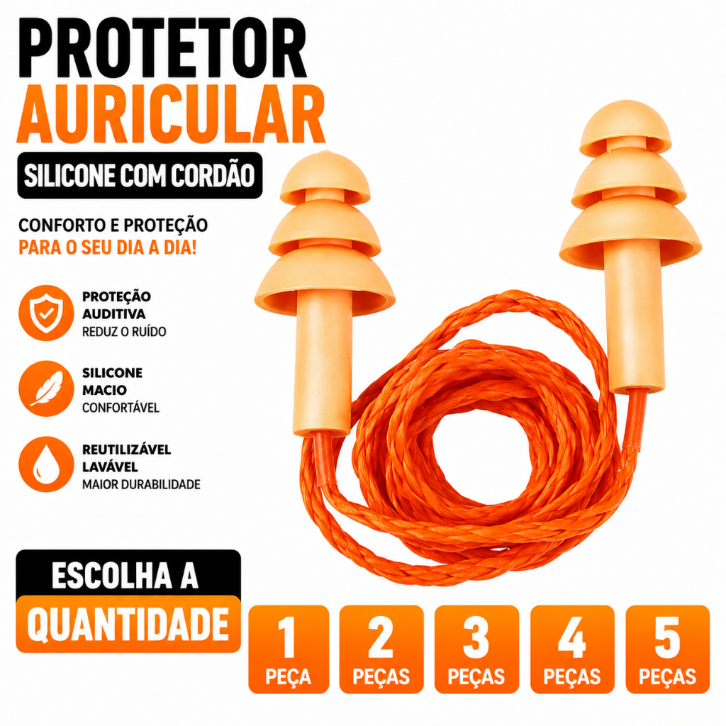 Protetor Auricular Silicone com Cordão EPI Auditivo Plug Ouvido – Escolha a Quantidade