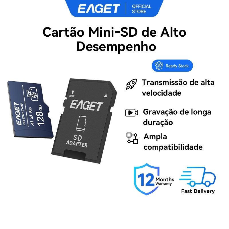 EAGET T13 Mini Cartão SD De Alto Desempenho A1 U3 V30 32GB/64GB/128GB
