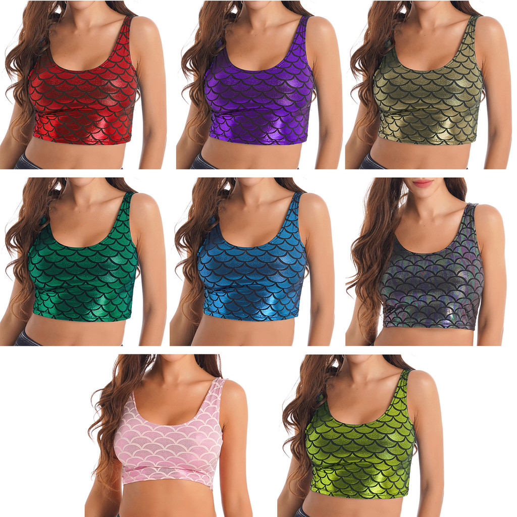 inhzoy Womens Metallic Shiny Fish Scale Print Cropped Tank Top Clubwear Sports Yoga Sleeveless Scoop Neck Vest Tops