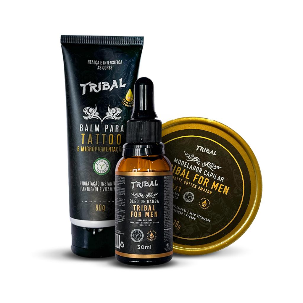 KIT TRIBAL FOR MEN (1 Modelador, 1 Óleo de barba, 1 Balm Tattoo) Cuidado para cabelo, barba e tatuagem