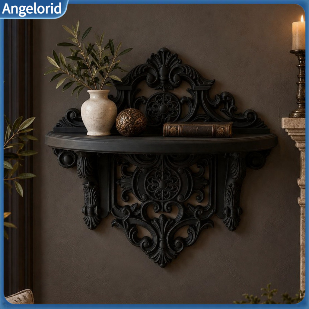 Wall Storage Rack Floating Shelves Vintage Shelf 3d Printed Black Carving Display Wall-mounted for Home Office Room Deco