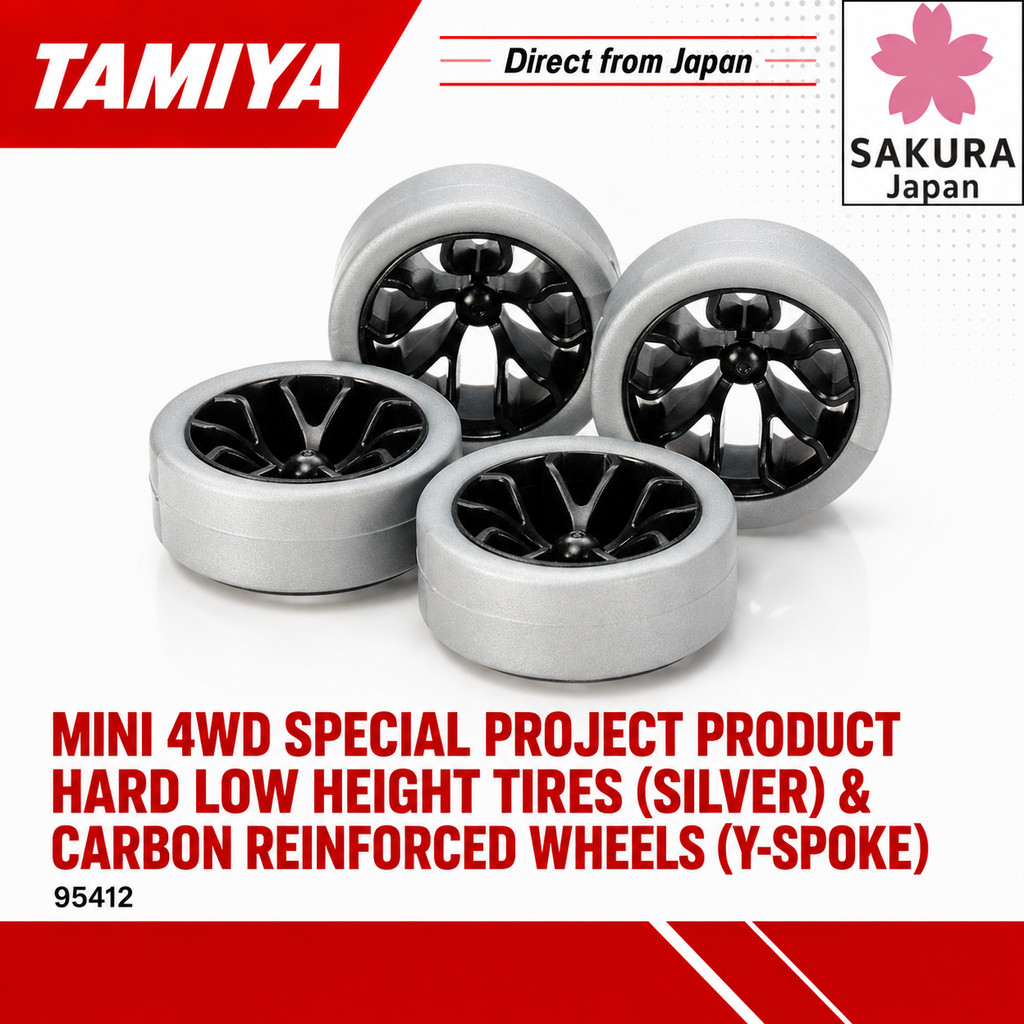 Tamiya Mini 4WD Special Project Product Hard Low Height Tires (Silver) & Carbon Reinforced Wheels (Y-Spoke) 95412