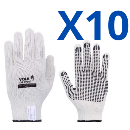 Kit 10 Luva Cotton Pigmentada Volk CA 46933 Luva de Malha Branca Obras Pedreiro Construcao