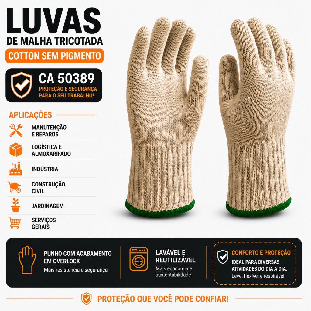 Luvas De Malha Tricotada Cotton S/ Pigmento Proteção Segurança EPI