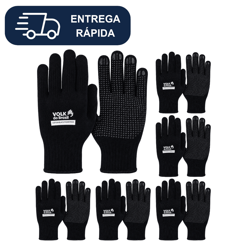 Kit com 12 Pares de Luva Cotton Black Pigmentada Volk Preta CA 36347 Epi