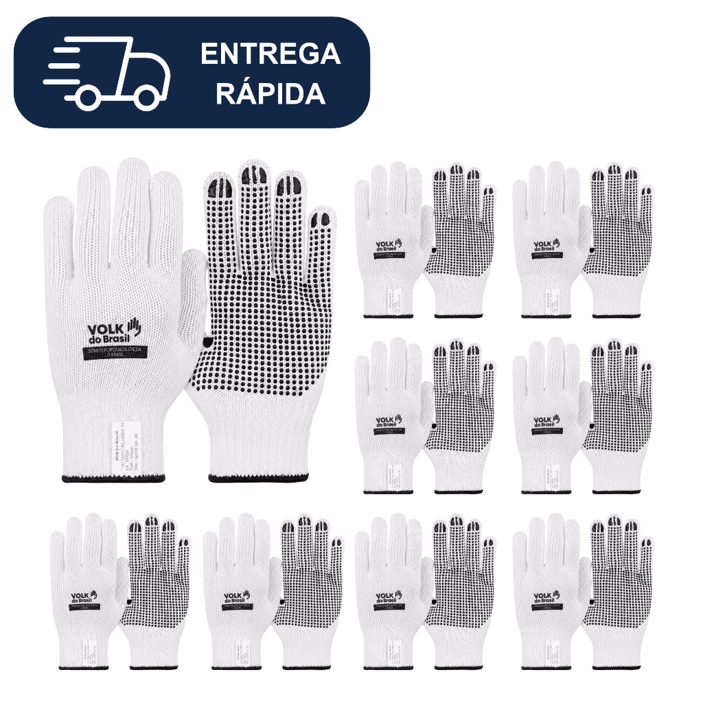 Kit com 24 Pares de Luva Cotton Pigmentada Branca Volk CA 30521 Epi Algodão PVC Tricotada