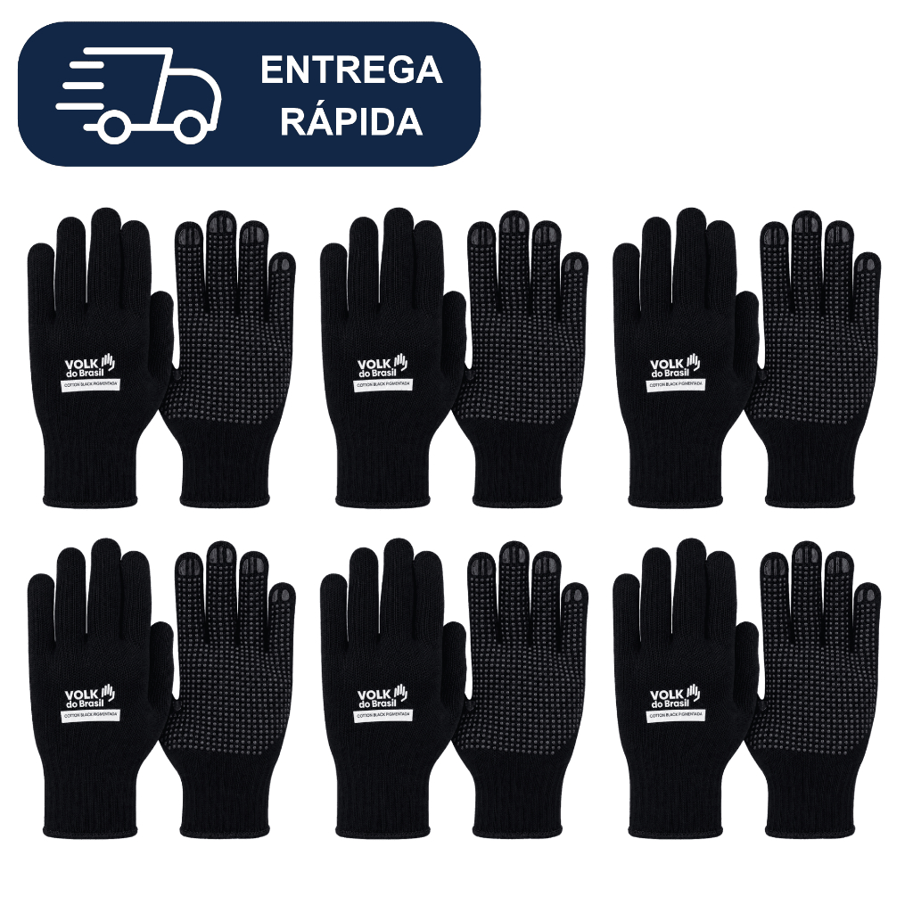 Kit com 60 Pares de Luva Pigmentada Preta Volk CA 36347 Epi Cotton Black Algodão PVC