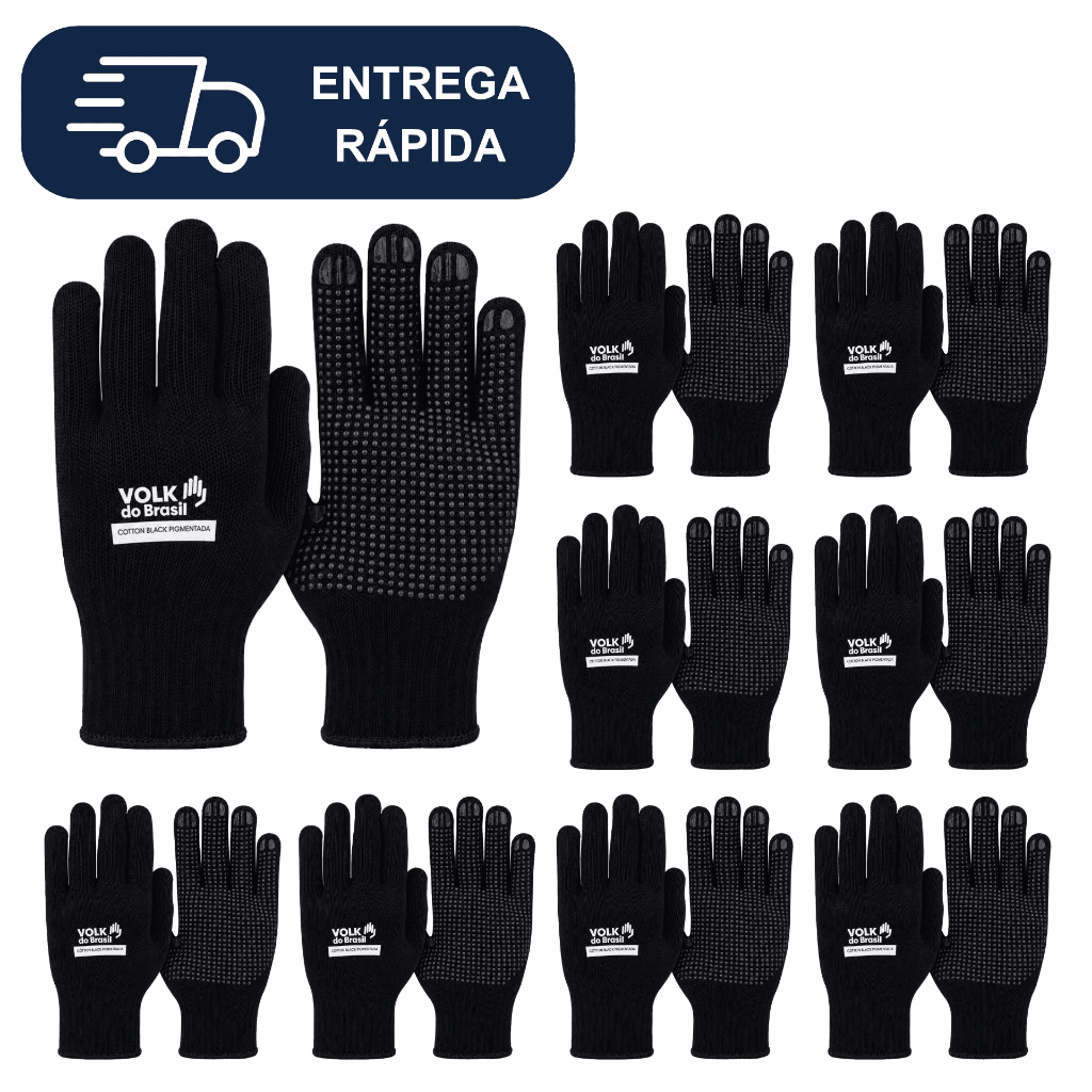 Kit com 24 Pares de Luva Pigmentada Preta Volk CA 36347 Epi Cotton Black Algodão PVC