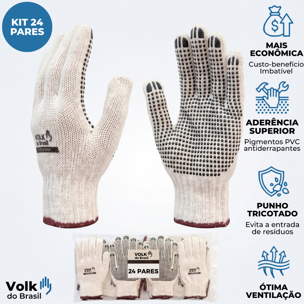 Kit 24 Luva Tricotada Cotton Pigmentada Branca Tricotada Algodao Obra Jardinagem Econômica CA 46933