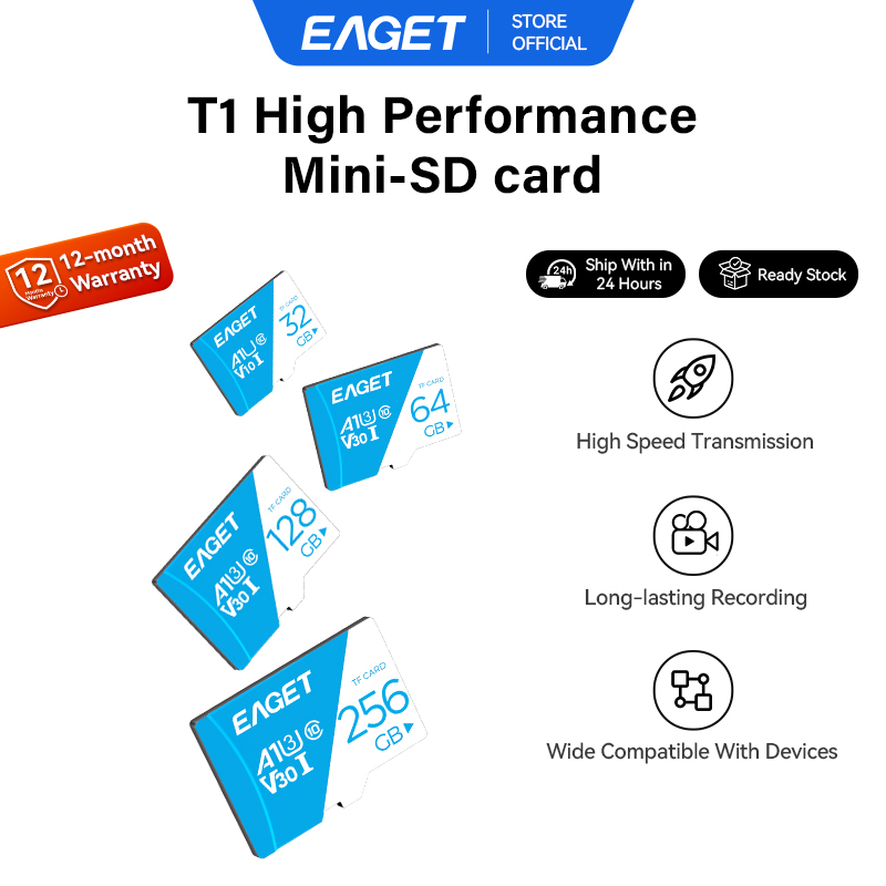EAGET Cartão MicroSD de Alta Velocidade 4K para drones, câmeras (256GB/128GB/64GB/32GB)