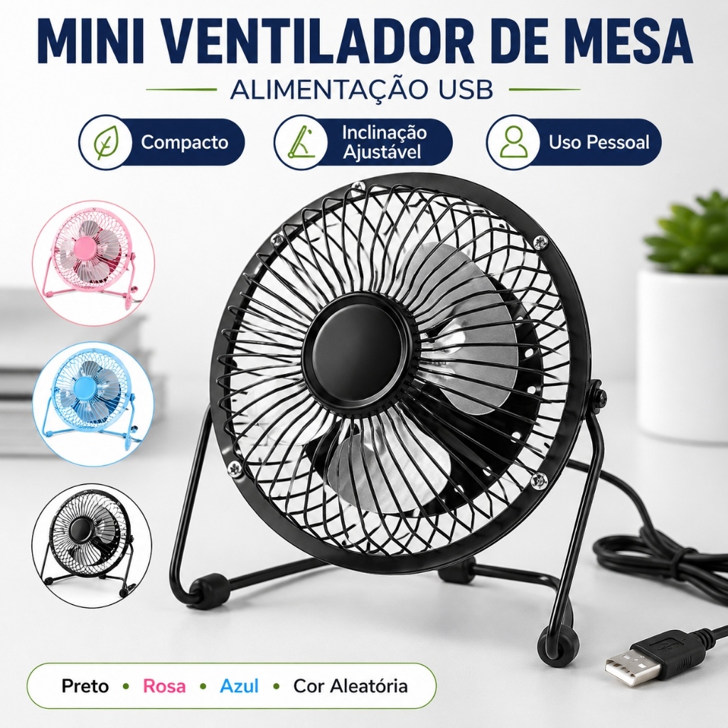 Mini Ventilador de Mesa USB Oásis Luatek 4 Pás 14,5cm Metal Portátil Compacto Inclinável
