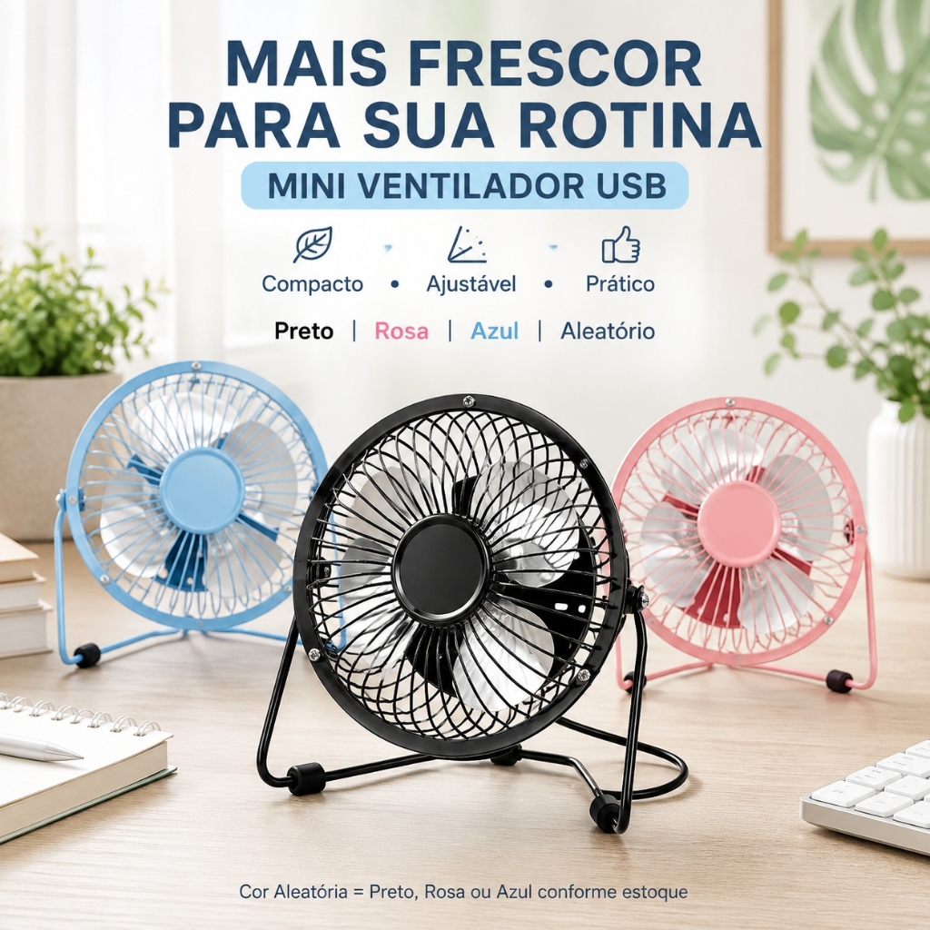 Mini Ventilador USB de Mesa Oásis Luatek 4 Pás 14,5cm Portátil Metal Inclinável Preto Rosa Azul