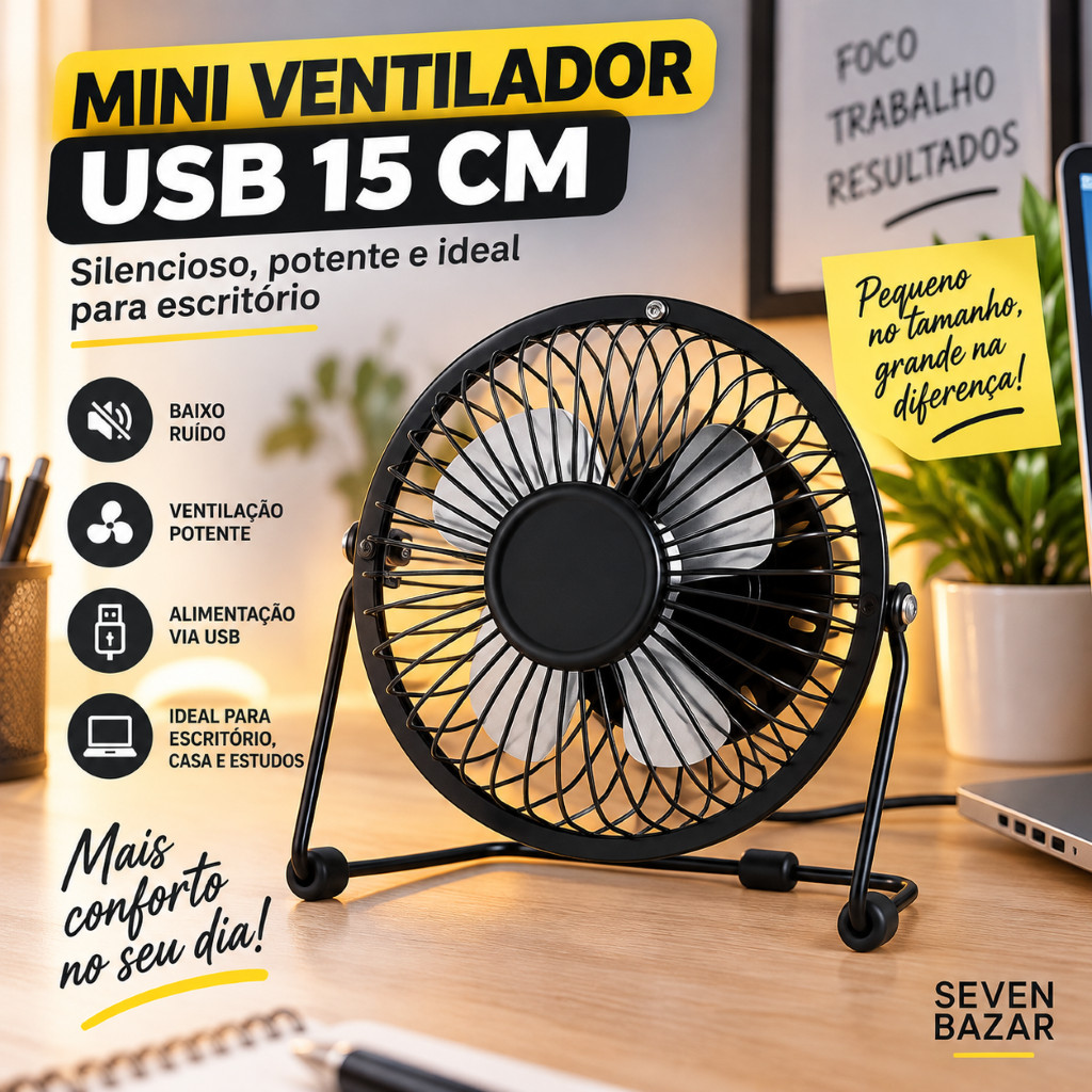 Mini Ventilador De Mesa USB Preminum Metal Portátil 15CM Compacto 4 Pás