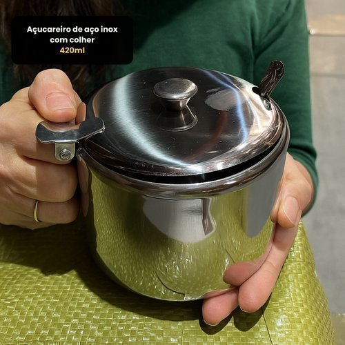 Açucareiro aço inox com colher 420ml TOP RIO 01 unidade