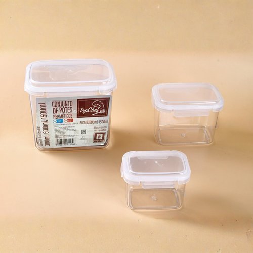 Conjunto Potes Herméticos Térmicos 300ml 600ml 1500ml Plástico Transparente 3 Peças TOP RIO