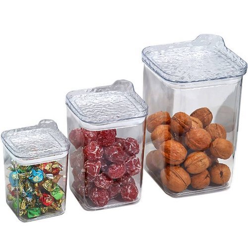 Potes Herméticos Quadrados Multiuso Tampa Plástico 3 Peças 400ml 900ml 1900ml Transparente TOP RIO