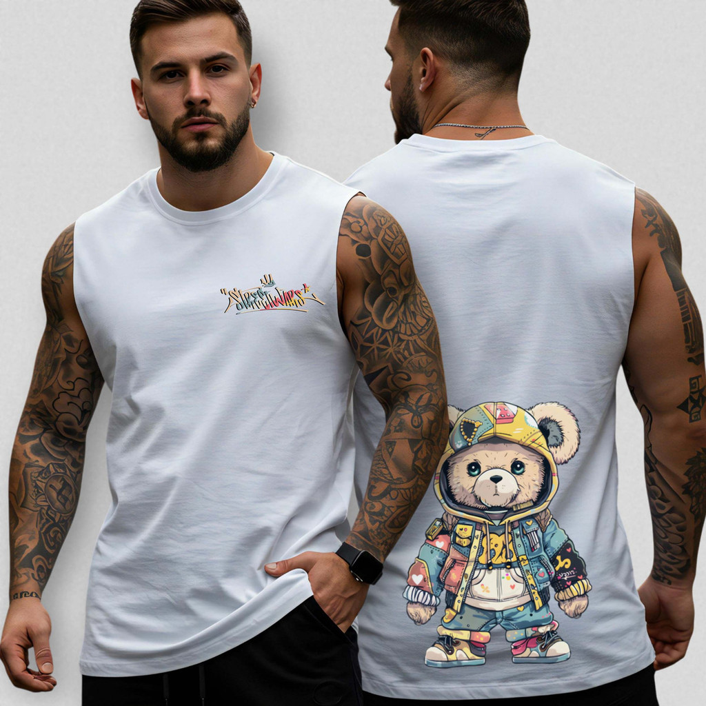 Camiseta Regata Oversized Masculina Urso Street 92 Algodão Premium Estilo Academia Casual Treino