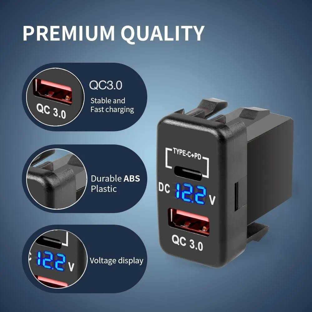 Adaptador De Soquete Para Carregador De Carro 12V-24V Portas USB Duplas Rápido Com Display De Voltagem Acessórios Auto Toyota 40X22mm
