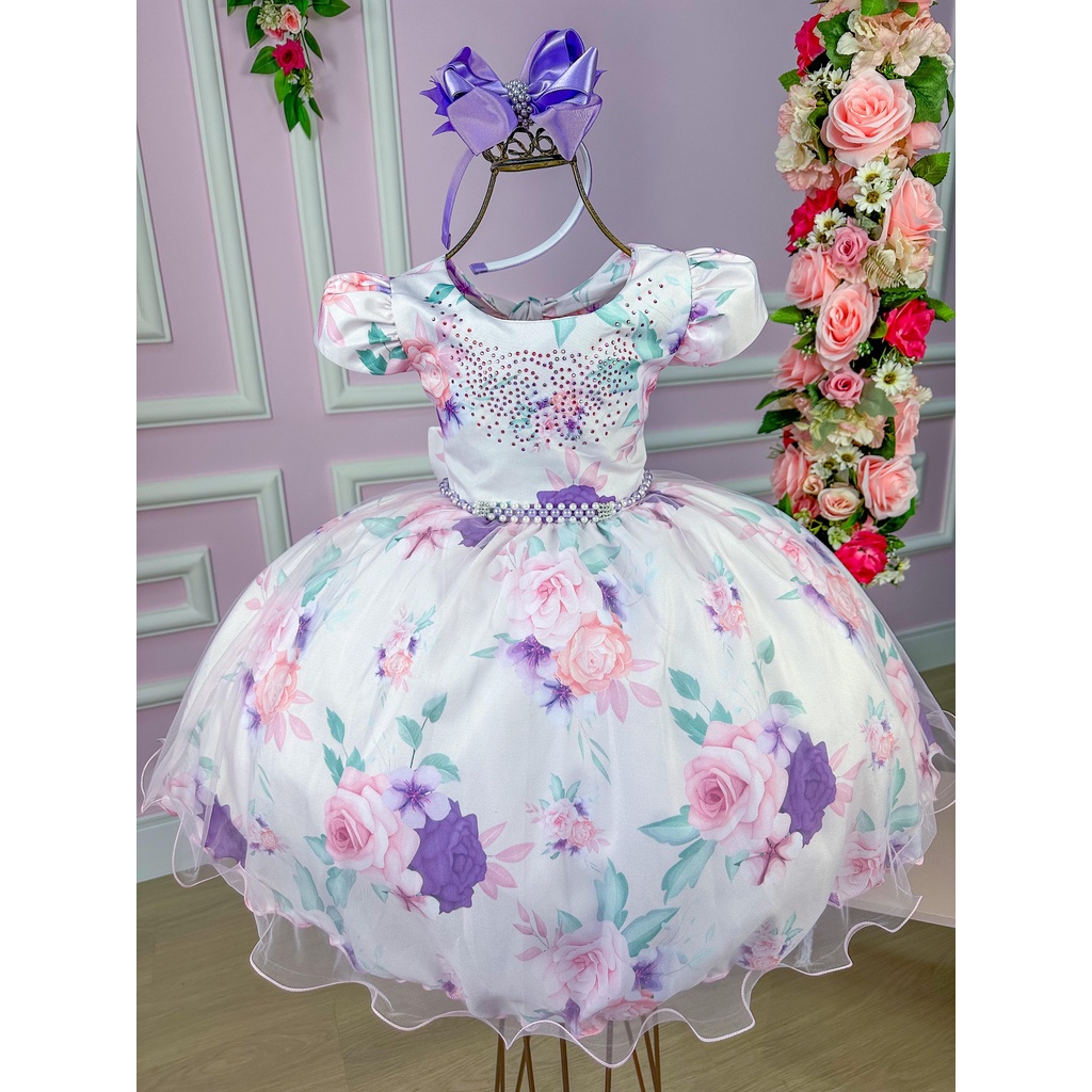 Vestido Bella Child Juvenil Off Flores Lilas