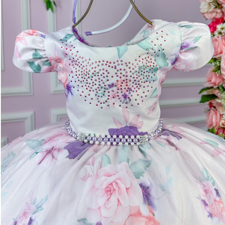 Vestido Bella Child Catarina Juvenil Off Flores Lilas