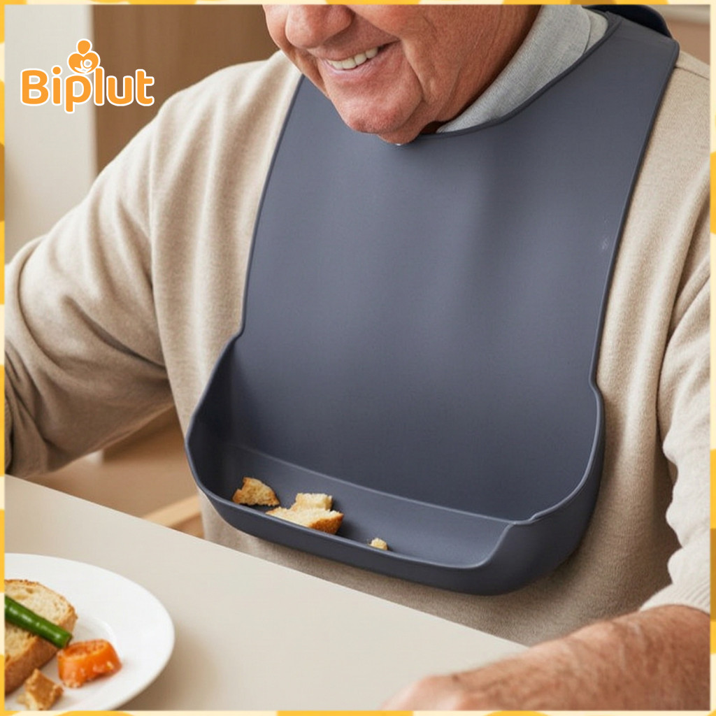 Easy Clean Feeding Bibs Adult Silicone Bib with Food Catcher 6-level Adjustable Neck Buckle Waterproof Washable Soft for