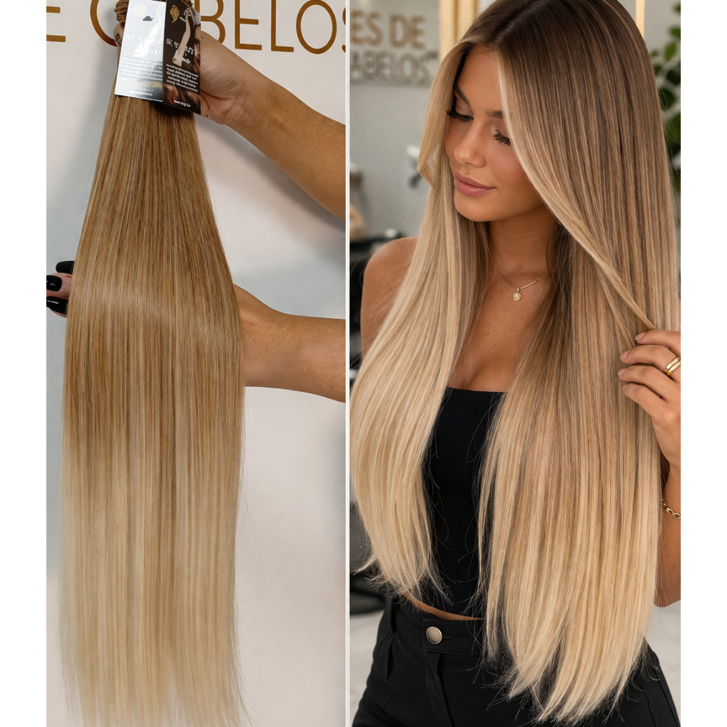 Aplique de Cabelo Europeu Semi Humano Natural Liso Perolado Luzes na Tela 70cm