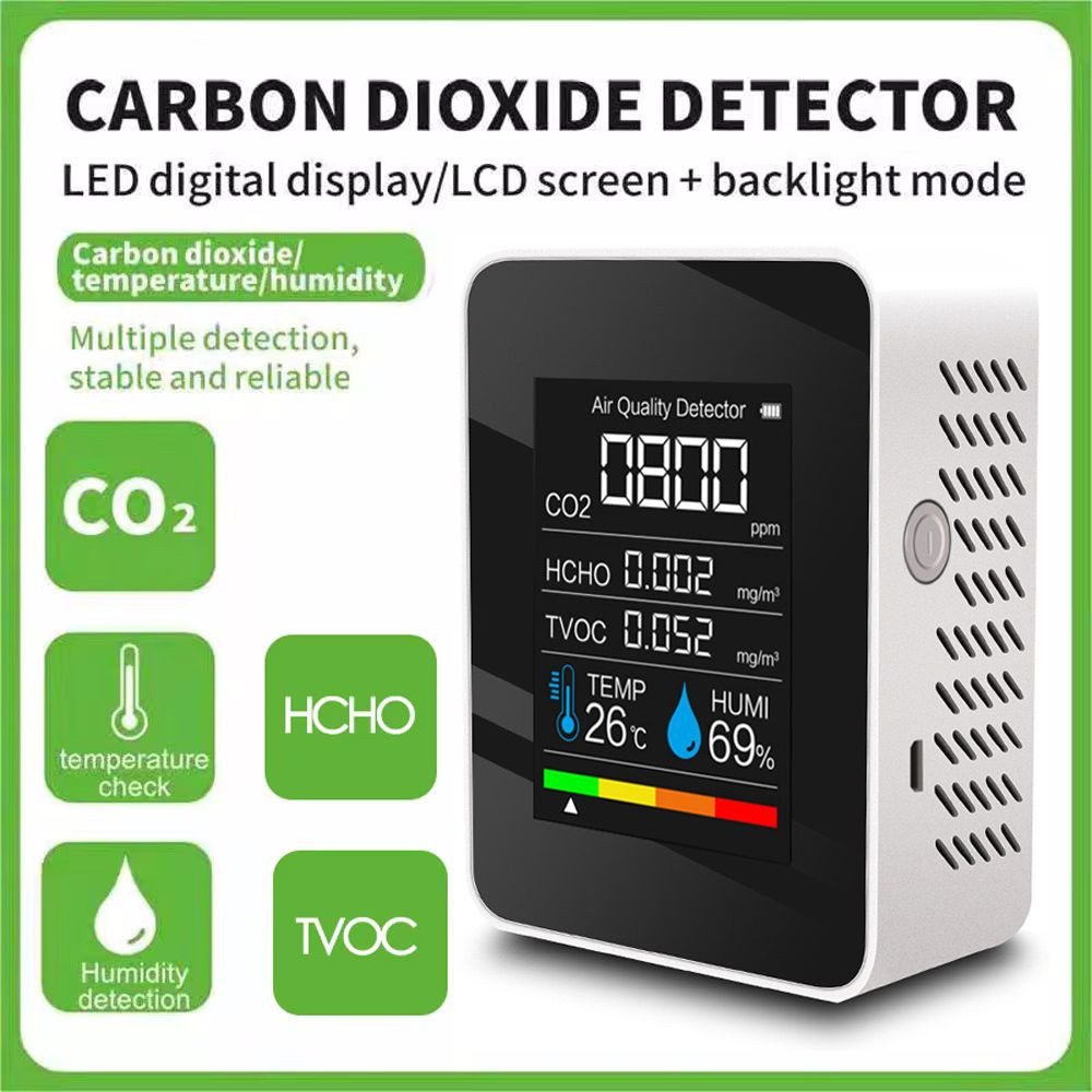 Detector De CO2 TEVO , Monitor De Qualidade Do Ar Com Testador De Temperatura E Umidade , LCD 5 Em 1 TVOC Tester Office