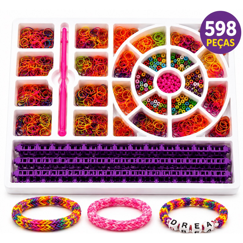 Kit Fábrica de Pulseiras Infantil 598 Peças Miçangas Coloridas Fazer Pulseiras Colares e Anéis
