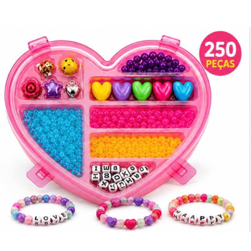 Kit Miçangas 250 Peças Fazer Pulseiras com Letras Infantil Estojo Coração