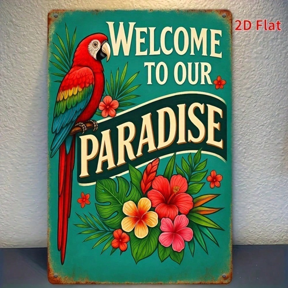 CIFbuy Vintage Tropical Parrot Metal Wall Sign 8x12 Polegada Colorido Pássaro Flor Arte