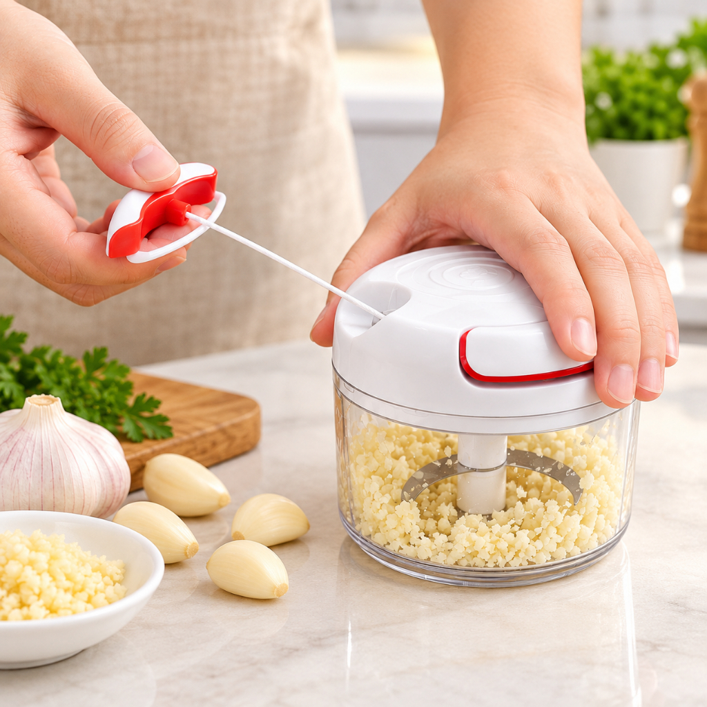 Mini Processador de Alimentos Manual com 2 Lâminas em Aço Inox
