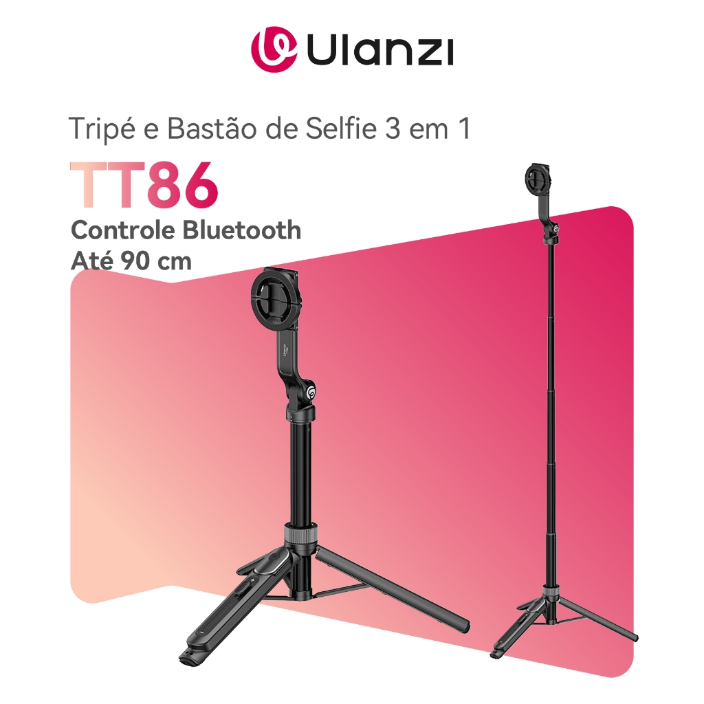 ULANZI TT86 Mini Tripé e Bastão de Selfie 3 em 1, Magnético e com Suporte para Celular, Até 90 cm, Controle Bluetooth