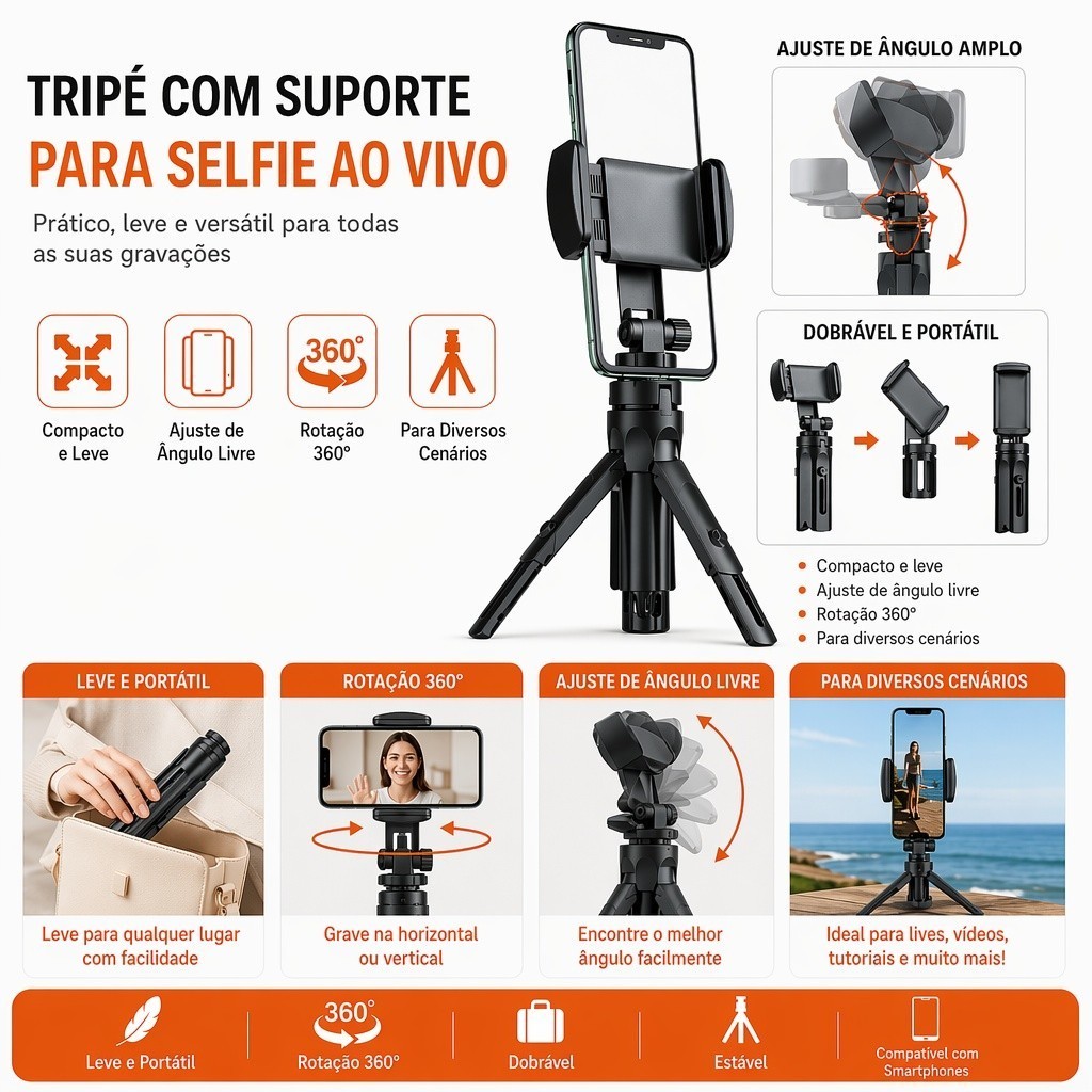 Mini Tripé para Celular com Suporte Ajustável – Rotação 360° – Ideal para Fotos, Vídeos e Lives k530