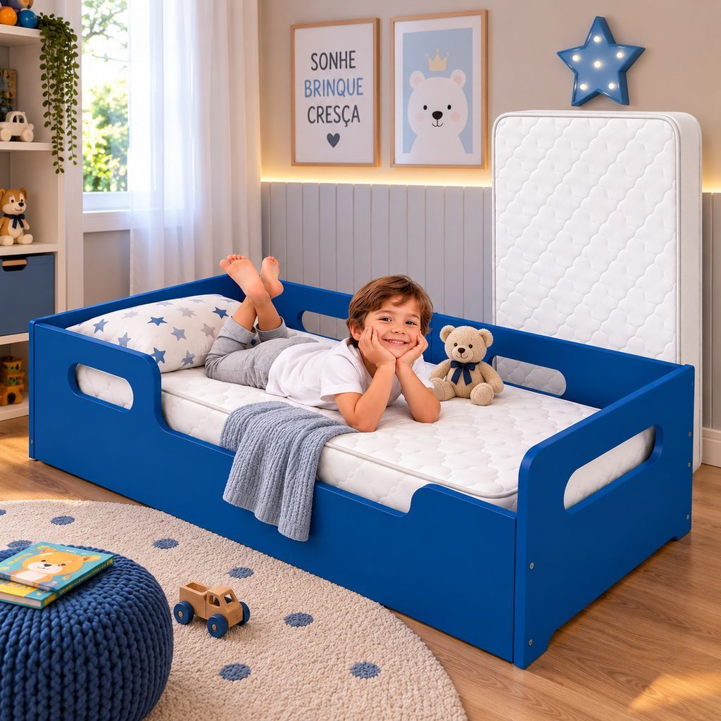 Mini Cama Infantil Montessoriana Branca MDF 152cm Proteção