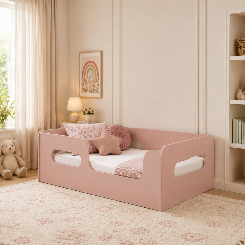 Cama Infantil Juvenil 152cm Com Grade De Proteção MDF Montessoriana Baixa Encanto