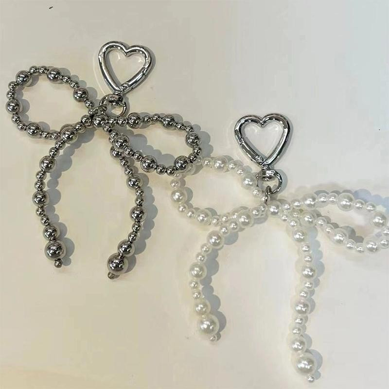 [largeloohg] Ins Estilo Bowknot Frisado Telefone Pingente Amor Fivela Chaveiro Prata Coração Fone De Ouvido Caso Charme