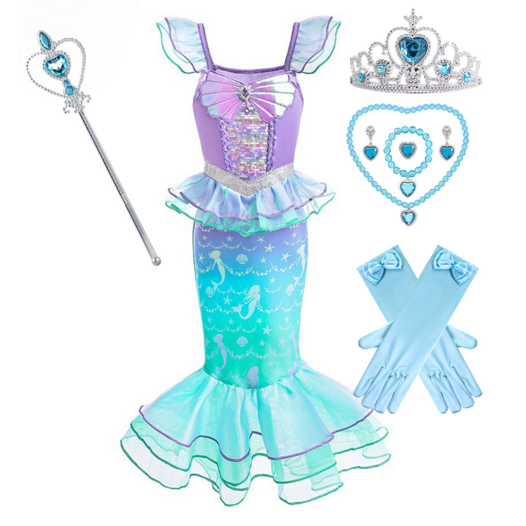 Little Mermiad Ariel Aniversário Halloween Cosplay Fantasia Infantil Sereia Vestido De Princesa , Verão Pequena Manga Mosca Malha De Lantejoulas Meninas Bebê