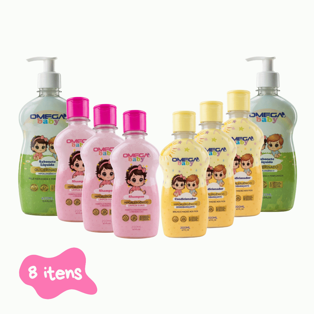 Kit Cuidado Diário Infantil Baby Girl Boy Shampoo  Condicionador Sabonete líquido Colônia OmegaBaby