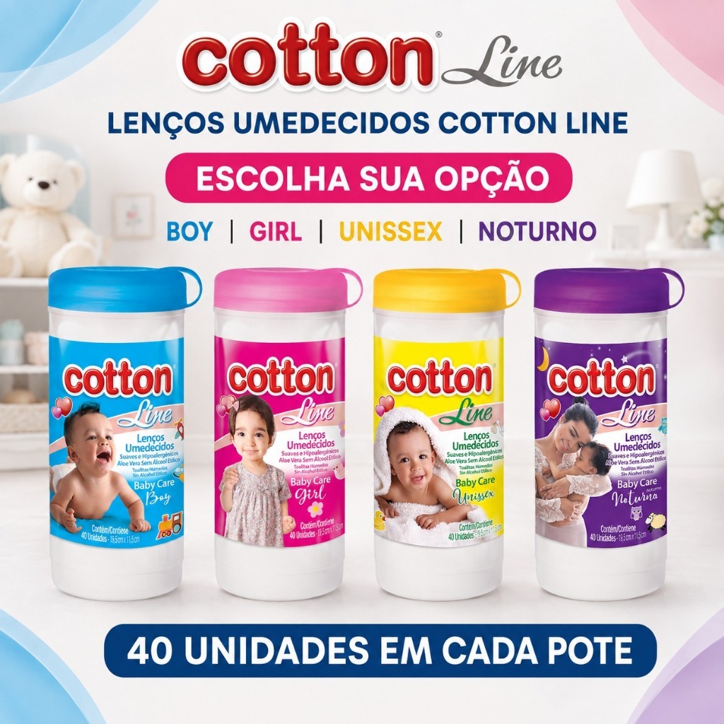 Lenços Umedecidos Baby Aloe Vera Cotton LIne - Pote 40 Unidades 4 Opções Boy Girl Unissex Noturno Sem Álcool