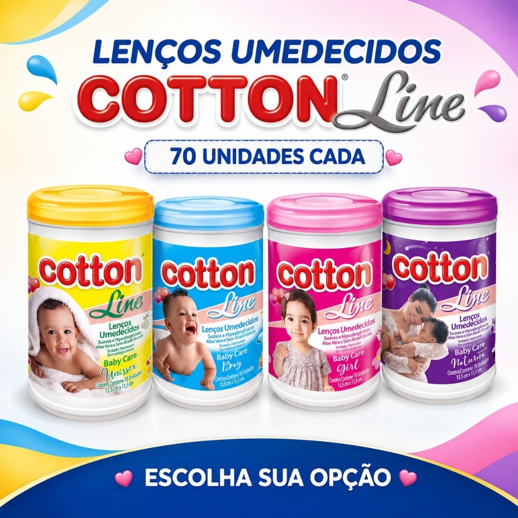 Lenços Umedecidos Baby Aloe Vera Cotton LIne - Pote 70 Unidades 4 Opções Boy Girl Unissex Noturno Sem Álcool