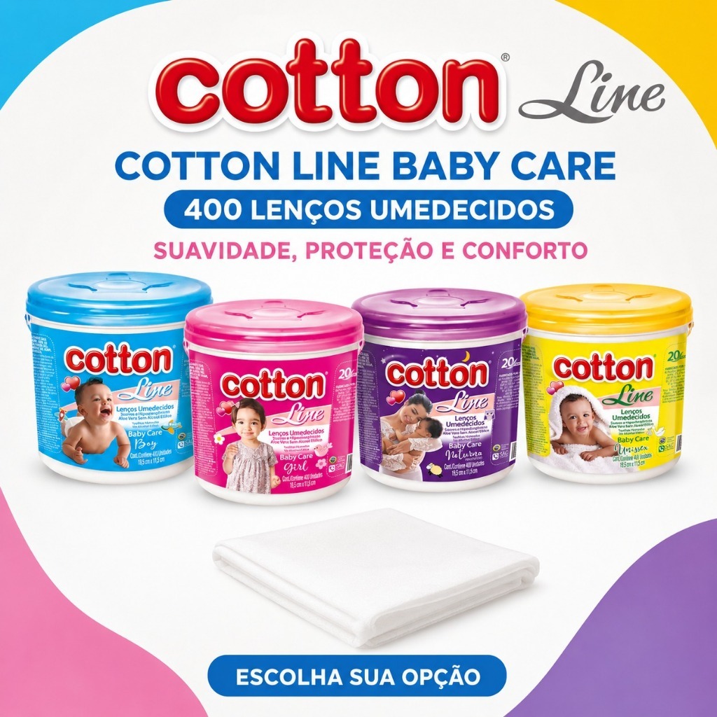 Lenços Umedecidos Baby Aloe Vera Cotton LIne - Balde 400 Unidades 4 Opções Boy Girl Unissex Noturno Sem Álcool